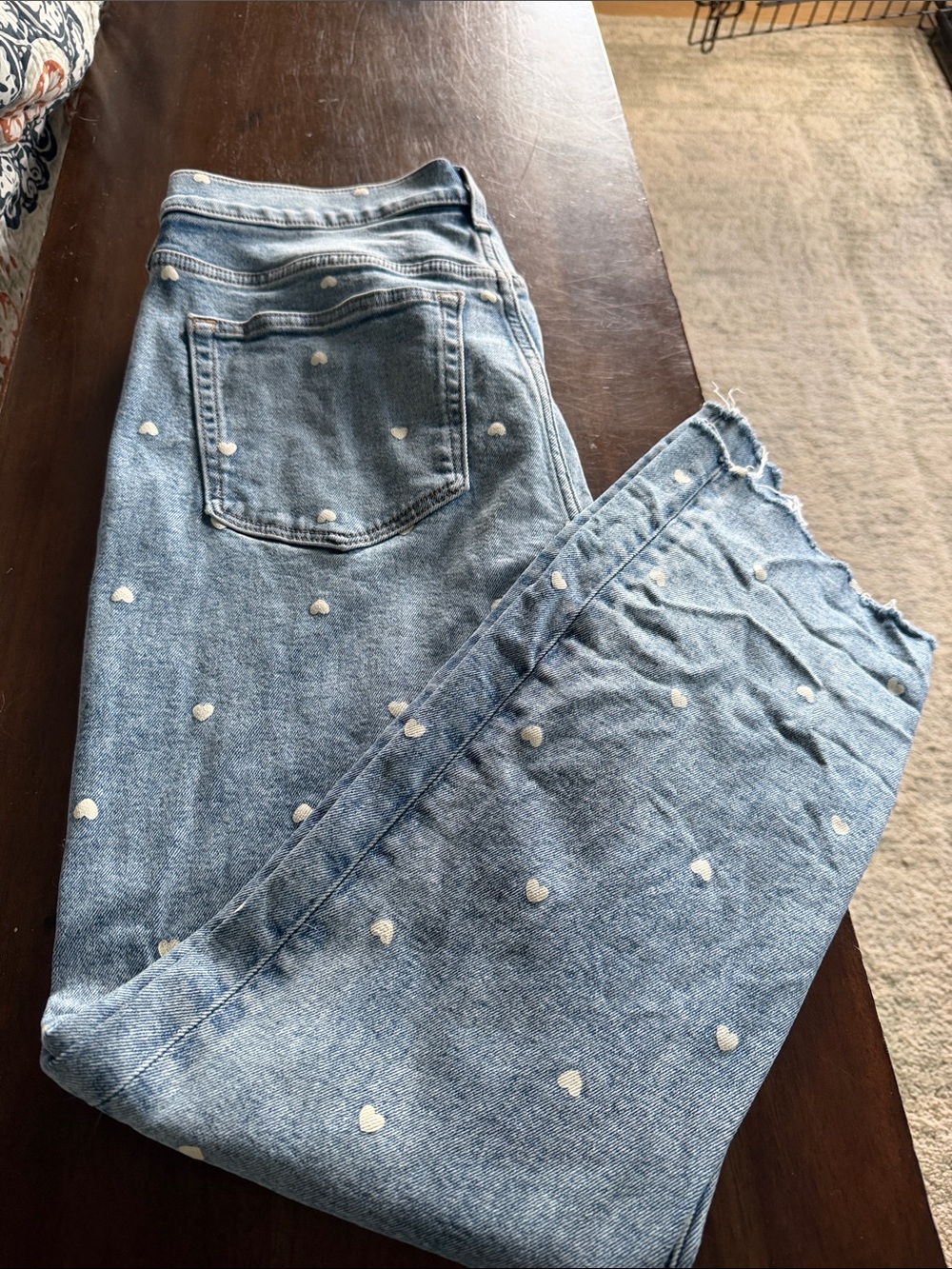 J. Crew Light Blue Straight-Leg Jeans with White Heart Print